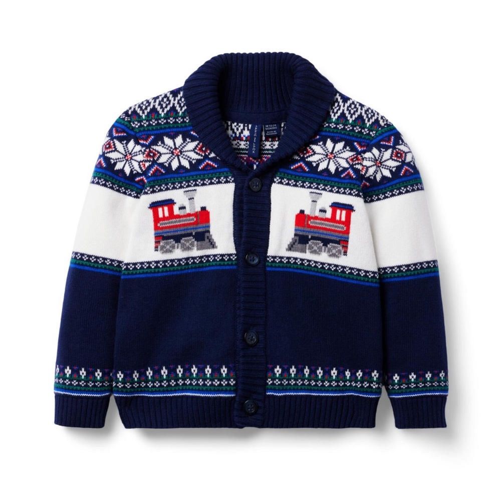 Janie and Jack Navy, White & Red Train Fair Isle Cardigan